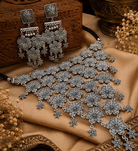 Beautiful work oxidised Necklace with earrings (slight variation in design is possible)