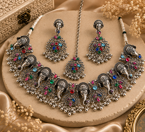 Ganesh Ji design Beautiful Oxidised Necklace with Earrings
