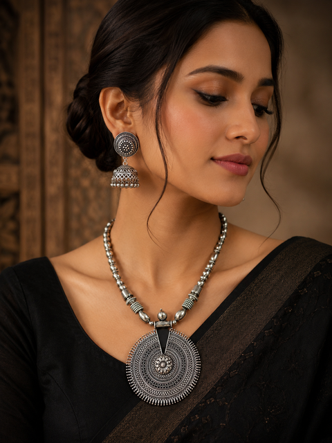 Beautiful work oxidised Necklace with earrings (slight variation in design is possible)