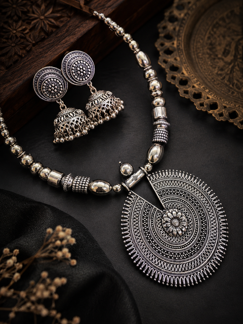 Beautiful work oxidised Necklace with earrings (slight variation in design is possible)