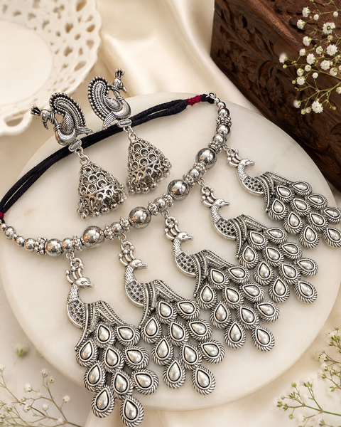 Peacock design Beautiful work oxidised Necklace with earrings