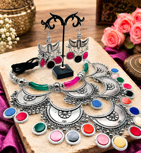 Multicolored work Beautiful Oxidised Necklace with Earrings