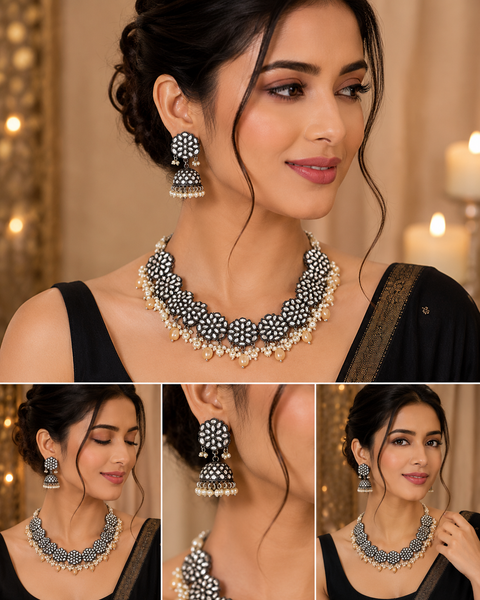Oxidised look Necklace With jhumka (slight variation in color and design is possible)
