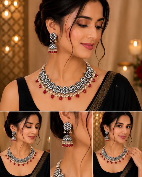 Oxidised look Necklace With jhumka (slight variation in color and design is possible)