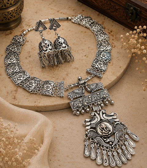 Ganesha Design Beautiful work oxidised Necklace with earrings