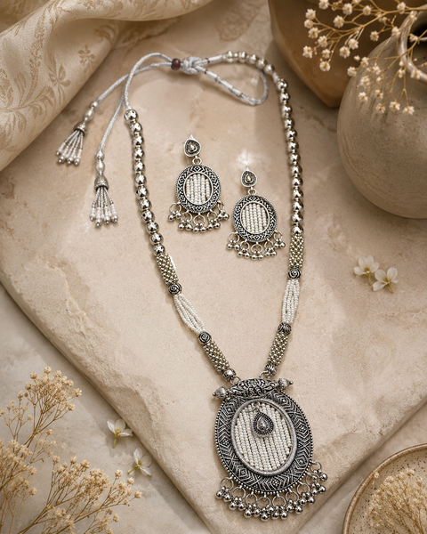 Beautiful pearls work oxidised Necklace with earrings