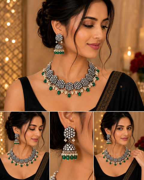 Oxidised look Necklace With jhumka (slight variation in color and design is possible)