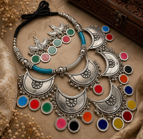 Multicoloured stones work Beautiful work oxidised Necklace with earrings