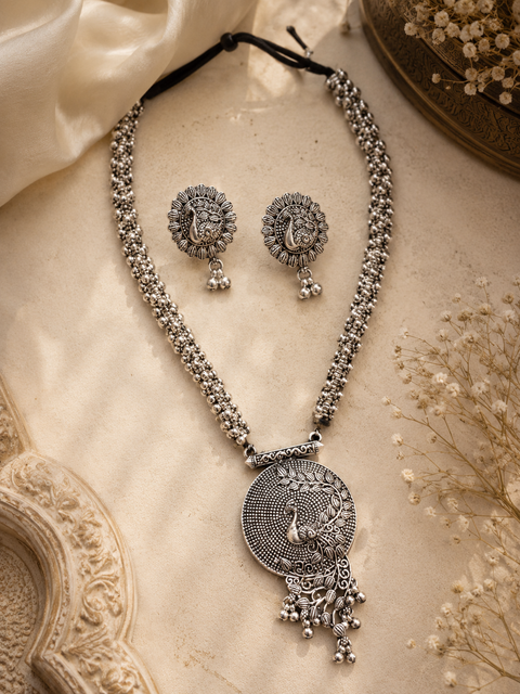 Peacock design work Beautiful oxidised Necklace with earrings