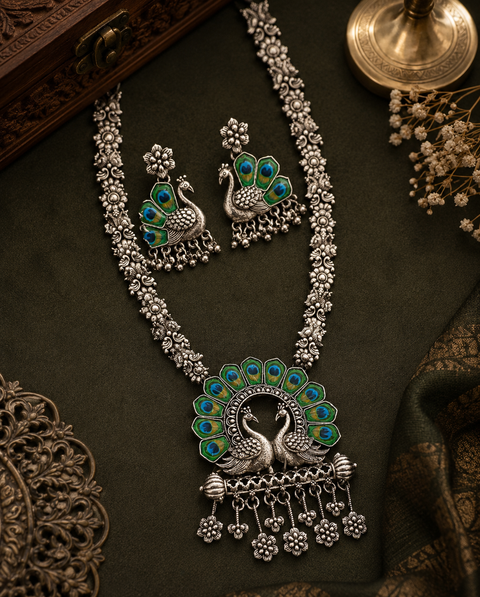 Peacock and peacock feather work Beautiful oxidised Necklace with earrings