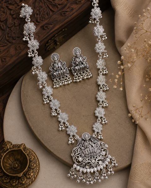 Lakshmi Ji statue work Beautiful oxidised Necklace with earrings