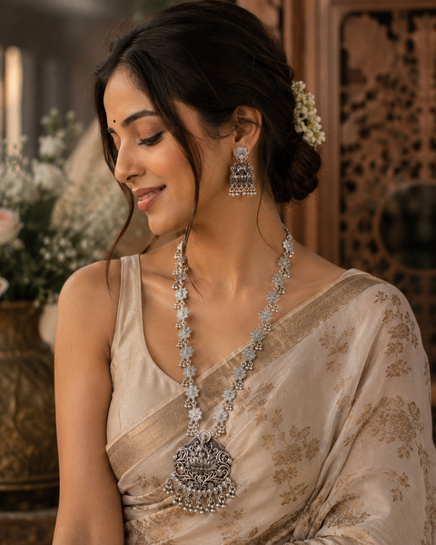 Lakshmi Ji statue work Beautiful oxidised Necklace with earrings