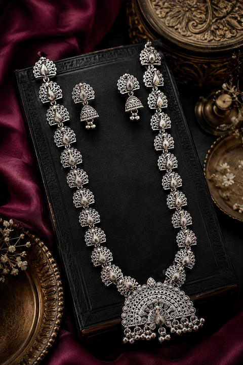 Peacock design Beautiful work oxidised Necklace with earrings