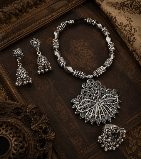 Peacock design Beautiful work oxidised Necklace with earrings