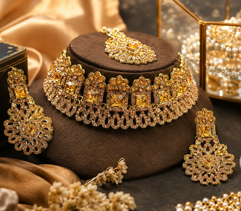 Golden Jerkan Stone Beautiful Necklace Set (slight variation in color and design is possible)