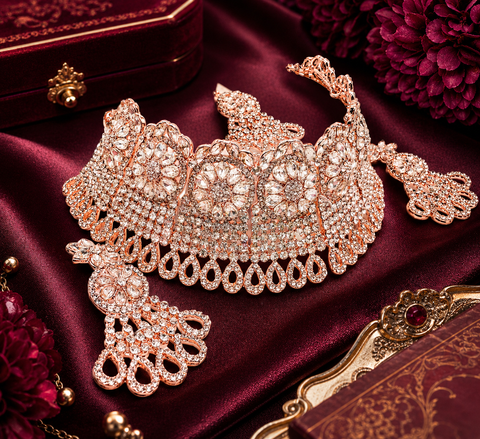 Rosegold & Silver Jerkan Stone Beautiful Necklace Set(slight variation in color and design is possible )
