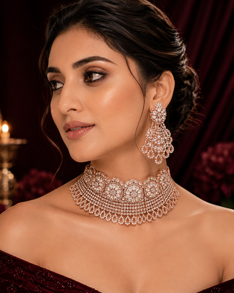 Rosegold & Silver Jerkan Stone Beautiful Necklace Set(slight variation in color and design is possible )