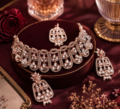 Rosegold & Silver Jerkan Stone Beautiful Necklace Set(slight variation in color and design is possible )