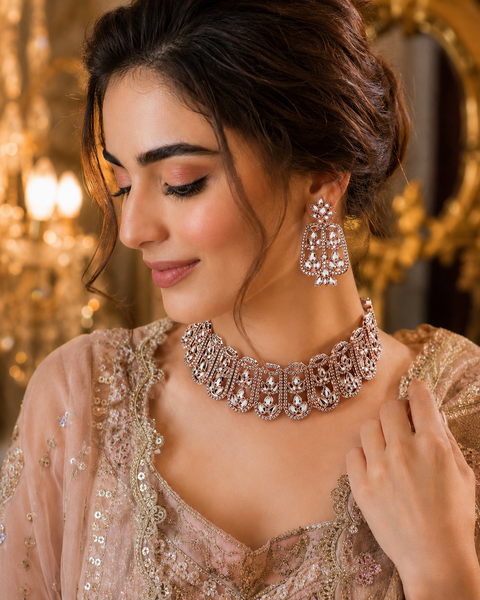 Rosegold & Silver Jerkan Stone Beautiful Necklace Set(slight variation in color and design is possible )