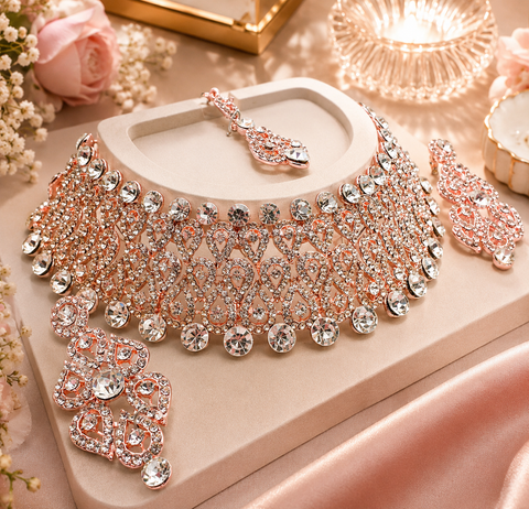 Rosegold & Silver Jerkan Stone Beautiful Necklace Set(slight variation in color and design is possible )