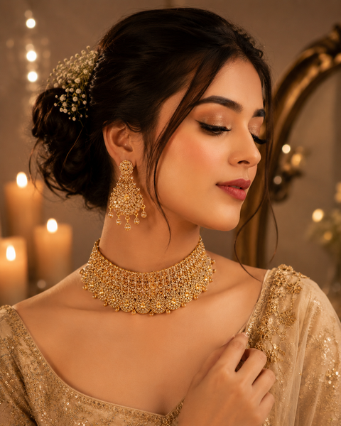 Golden Jerkan Stone Beautiful Necklace Set (slight variation in color and design is possible)