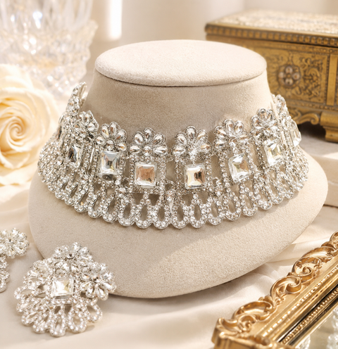 Silver Jerkan Stone Beautiful Necklace Set (slight variation in color and design is possible)