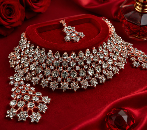Rosegold & Silver Jerkan Stone Beautiful Necklace Set(slight variation in color and design is possible )