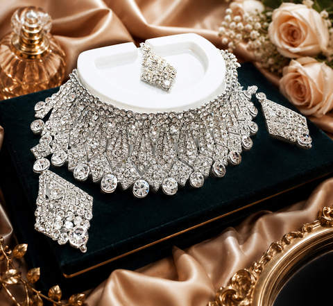 Silver Jerkan Stone Beautiful Necklace Set (slight variation in color and design is possible)