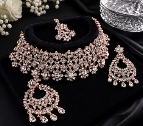 Rosegold & Silver Jerkan Stone Beautiful Necklace Set(slight variation in color and design is possible )