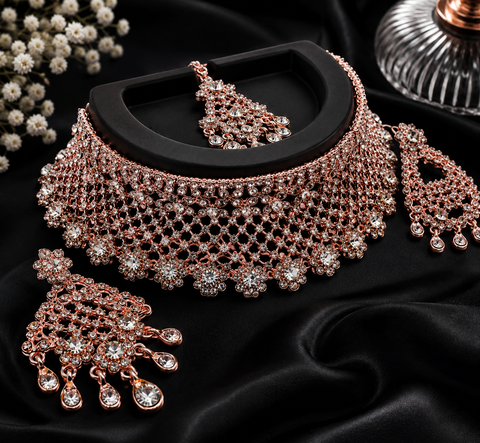 Rosegold & Silver Jerkan Stone Beautiful Necklace Set(slight variation in color and design is possible )