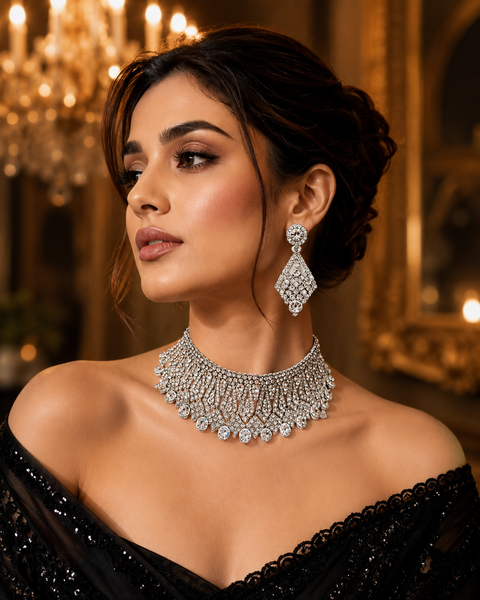 Silver Jerkan Stone Beautiful Necklace Set (slight variation in color and design is possible)