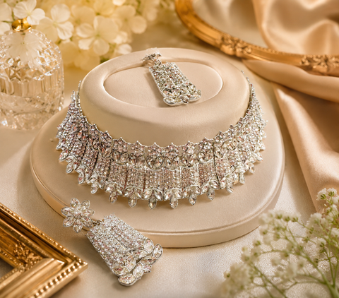 Silver Jerkan Stone Beautiful Necklace Set (slight variation in color and design is possible)