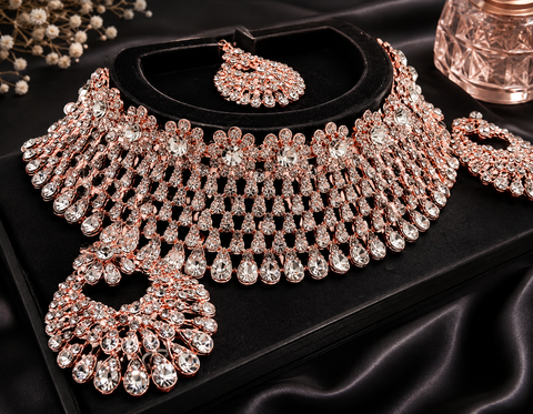 Rosegold & Silver Jerkan Stone Beautiful Necklace Set(slight variation in color and design is possible )