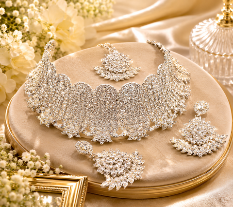 Silver Jerkan Stone Beautiful Necklace Set (slight variation in color and design is possible)
