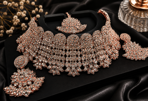 Rosegold & Silver Jerkan Stone Beautiful Necklace Set(slight variation in color and design is possible )