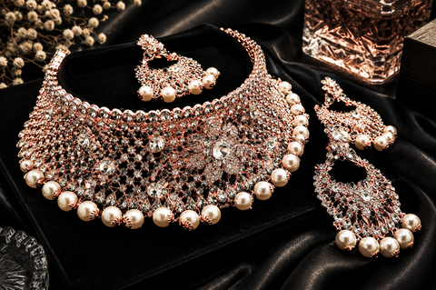 Rosegold & Silver Jerkan Stone Beautiful Necklace Set(Slight Variation In Color And Design Is Possible )