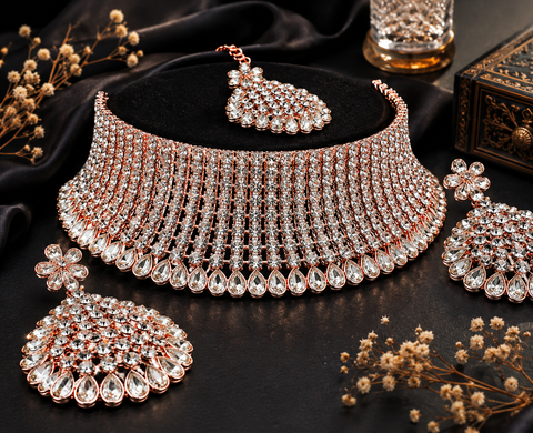 Rosegold & Silver Jerkan Stone Beautiful Necklace Set(Slight Variation In Color And Design Is Possible )