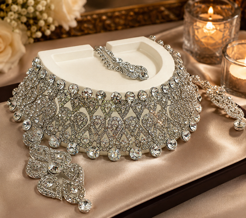 Silver Jerkan Stone Beautiful Necklace Set (slight variation in color and design is possible)
