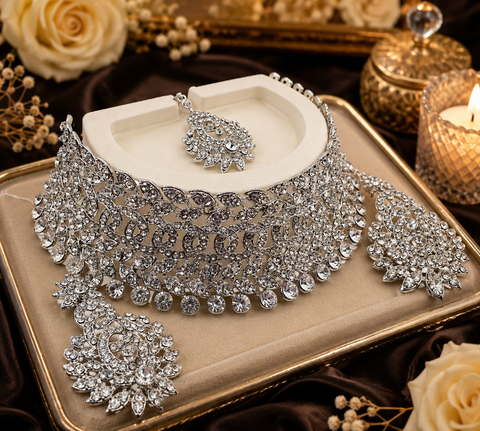 Silver Jerkan Stone Beautiful Necklace Set (slight variation in color and design is possible)