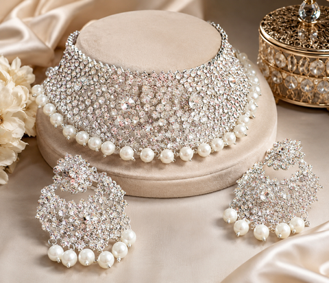 Silver Jerkan Stone Beautiful Necklace Set (slight variation in color and design is possible)