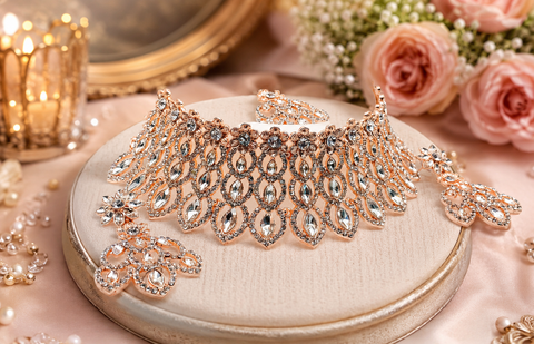 Rosegold & Silver Jerkan Stone Beautiful Necklace Set ( Slight variation in colour and design is possible)