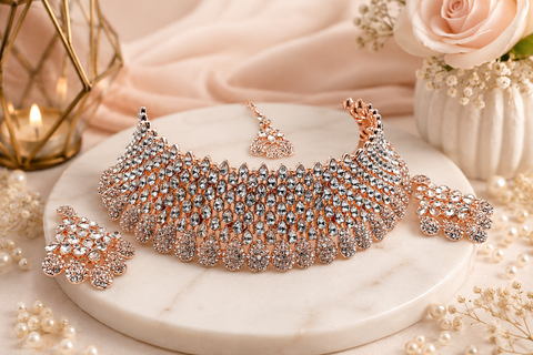 Rosegold & Silver Jerkan Stone Beautiful Necklace Set ( Slight variation in colour and design is possible)