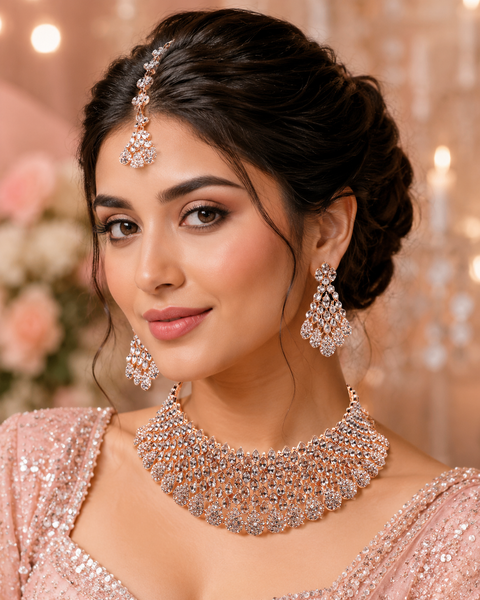 Rosegold & Silver Jerkan Stone Beautiful Necklace Set ( Slight variation in colour and design is possible)