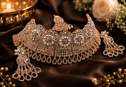 Rosegold & Silver Jerkan Stone Beautiful Necklace Set ( Slight variation in colour and design is possible)