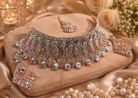 Rosegold & Silver Jerkan Stone Beautiful Necklace Set ( Slight variation in colour and design is possible)