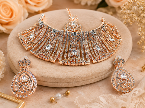 Rosegold & Silver Jerkan Stone Beautiful Necklace Set ( Slight variation in colour and design is possible)