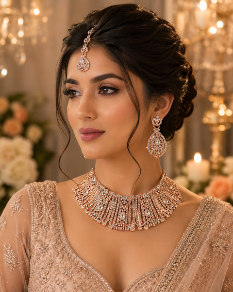 Rosegold & Silver Jerkan Stone Beautiful Necklace Set ( Slight variation in colour and design is possible)