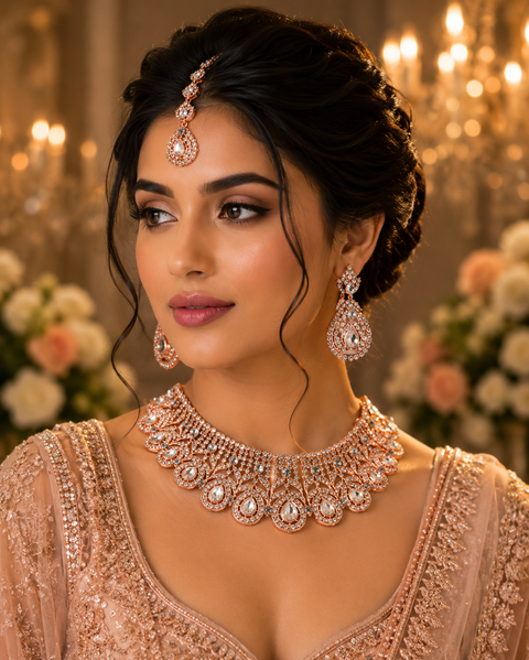 Rosegold & Silver Jerkan Stone Beautiful Necklace Set ( Slight variation in colour and design is possible)