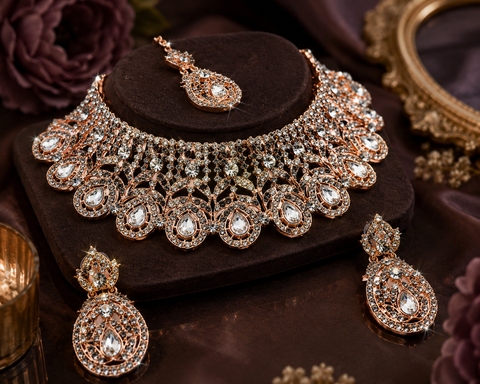 Rosegold & Silver Jerkan Stone Beautiful Necklace Set ( Slight variation in colour and design is possible)