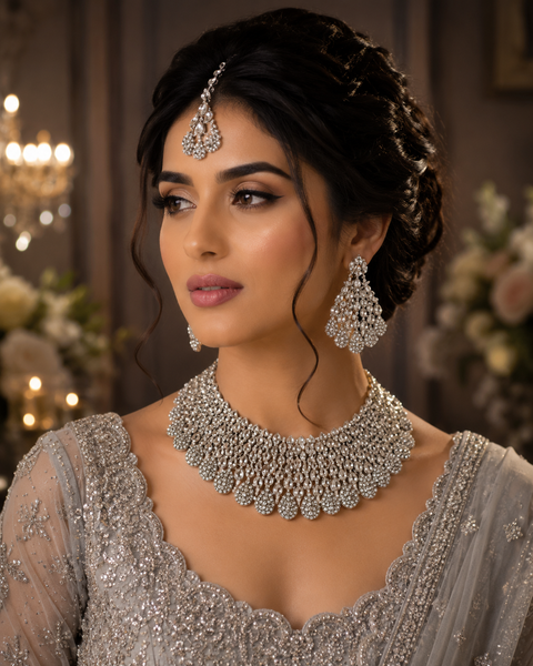 Silver Jerkan Stone Beautiful Necklace Set ( Slight variation in colour and design is possible)